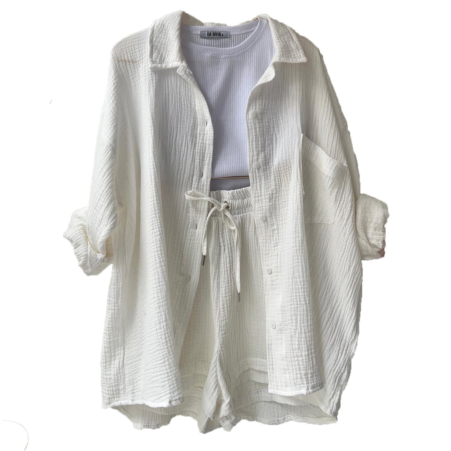 Chemise à manches longues à revers en tissu froissé pour femmes, ensemble décontracté à la mode