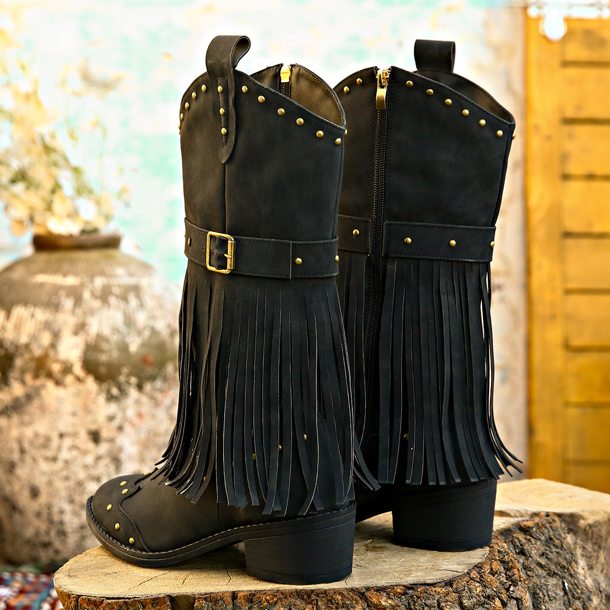 Bottes à pompons rétro avec sangle à rivet,