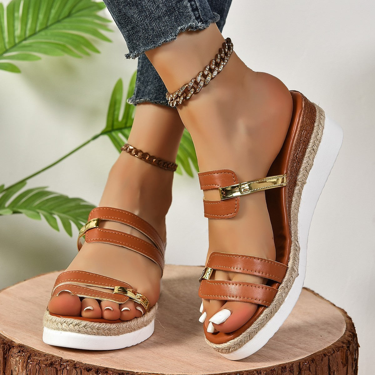 Pantoufles d'été à talons en chanvre, sandales à bandoulière Colorblock pour femmes