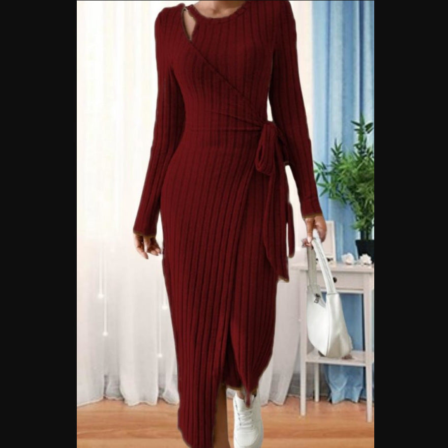 Robe à col rond à manches longues étroite à col rond pour femmes