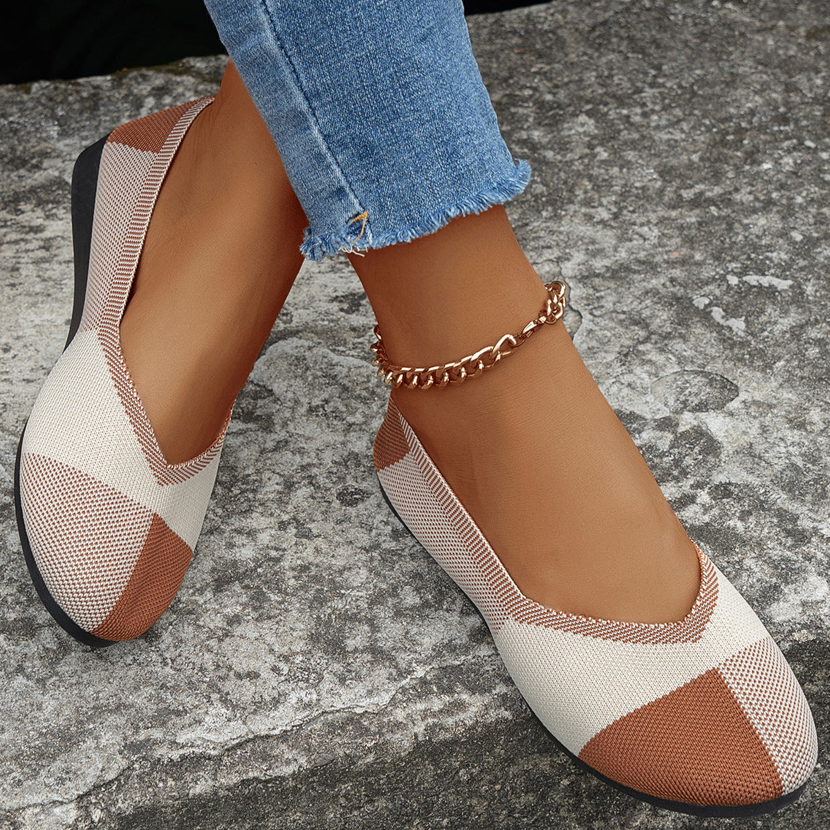 Mode Colorblock chaussures plates volant tissé respirant confortable mocassins pour femmes