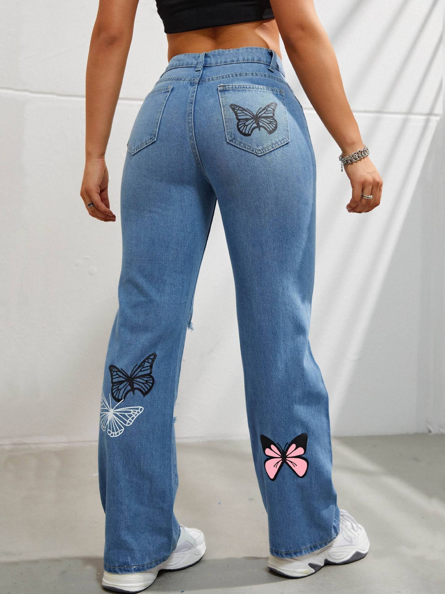Jeans à jambes droites taille haute pour femmes, pantalons en denim déchirés avec imprimé papillon | tendance