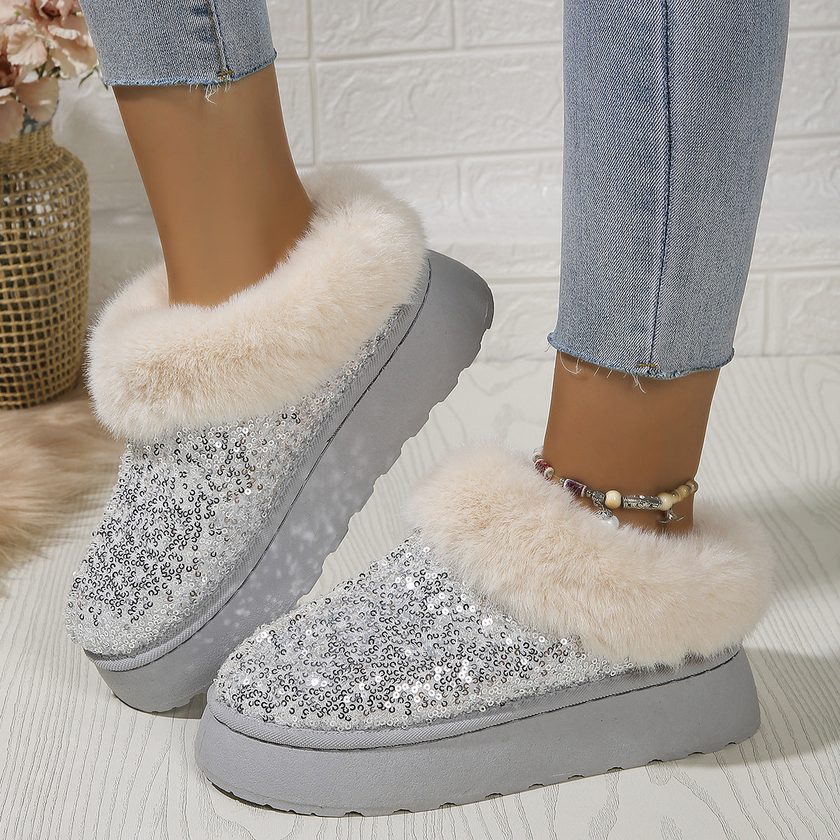 Chaussures en peluche à semelles épaisses à paillettes, chaussures d'hiver | chaussures chaudes | décontractées | pour l'intérieur et l'extérieur | chaussures de jardin