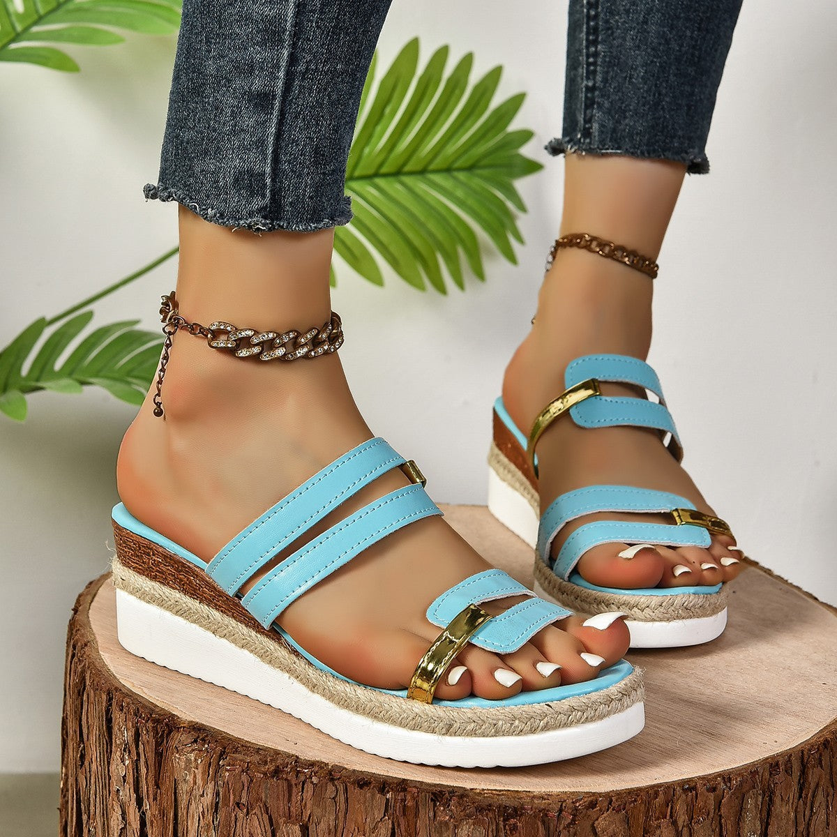 Pantoufles d'été à talons en chanvre, sandales à bandoulière Colorblock pour femmes