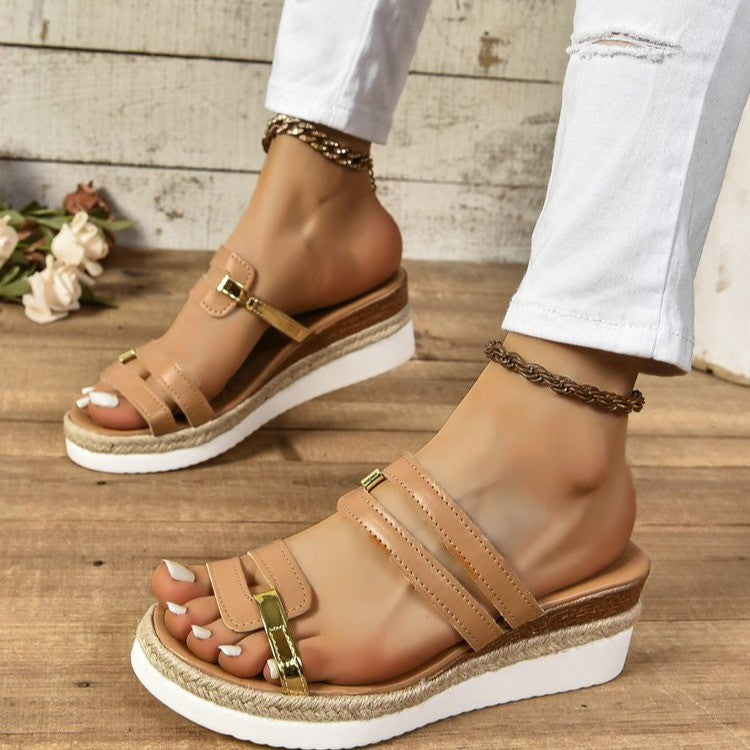 Pantoufles d'été à talons en chanvre, sandales à bandoulière Colorblock pour femmes