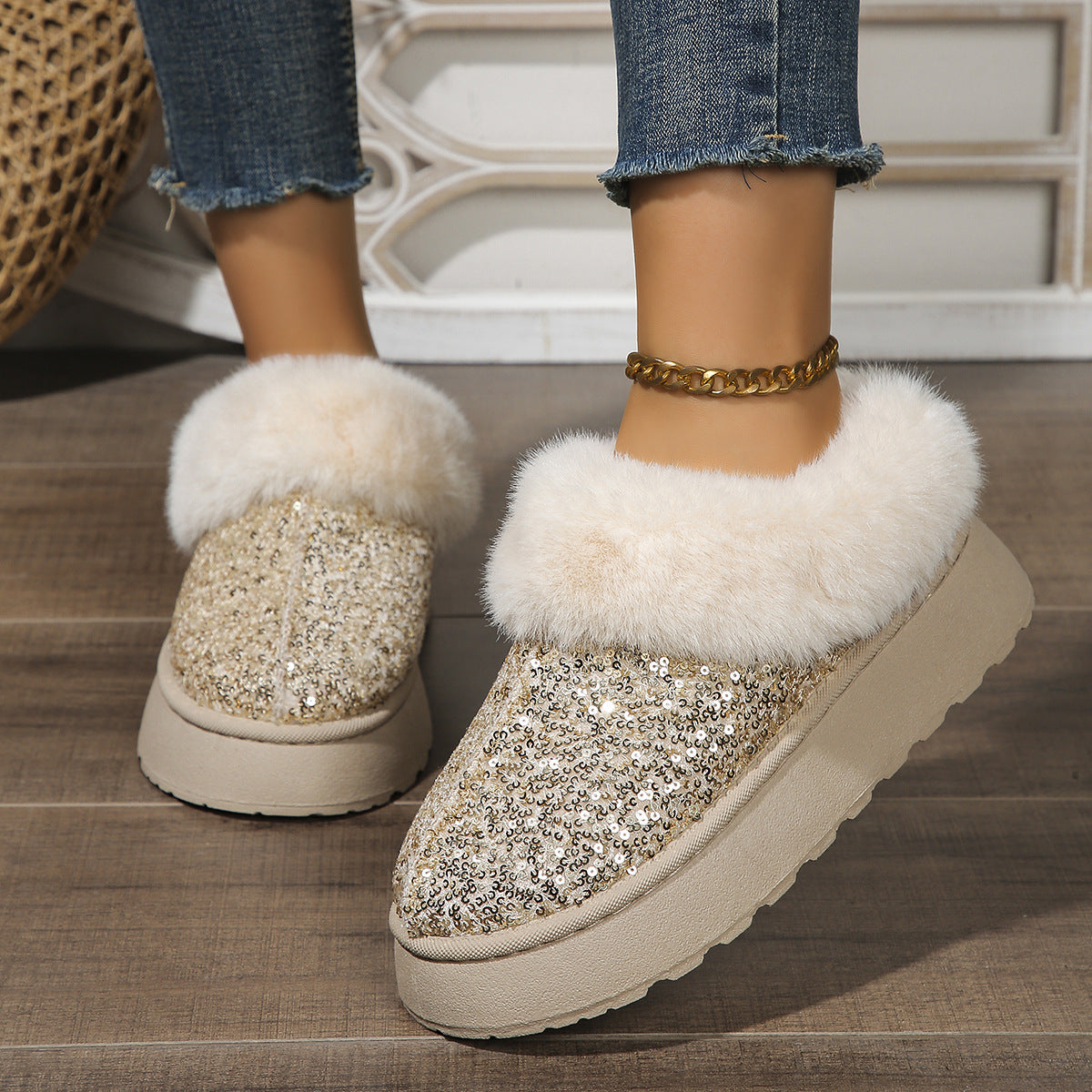 Chaussures en peluche à semelles épaisses à paillettes, chaussures d'hiver | chaussures chaudes | décontractées | pour l'intérieur et l'extérieur | chaussures de jardin