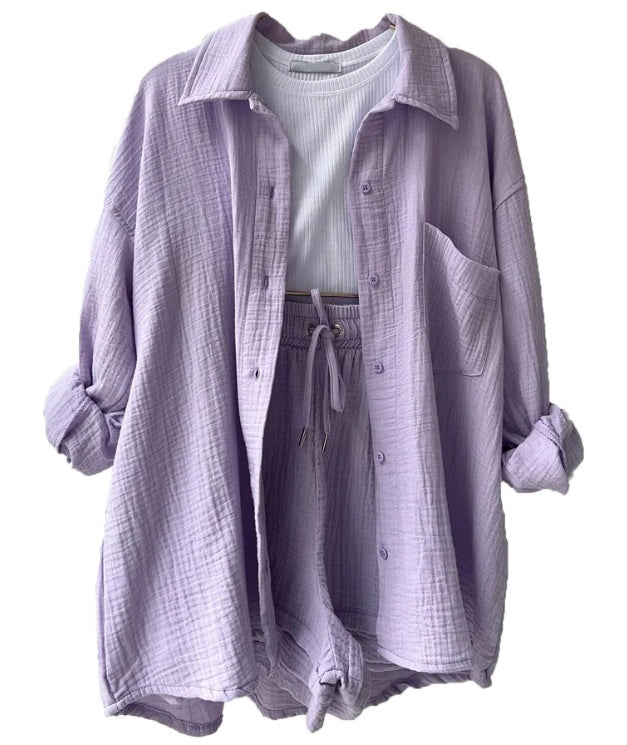Chemise à manches longues à revers en tissu froissé pour femmes, ensemble décontracté à la mode