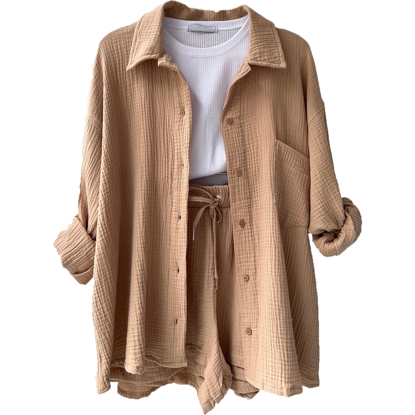 Chemise à manches longues à revers en tissu froissé pour femmes, ensemble décontracté à la mode