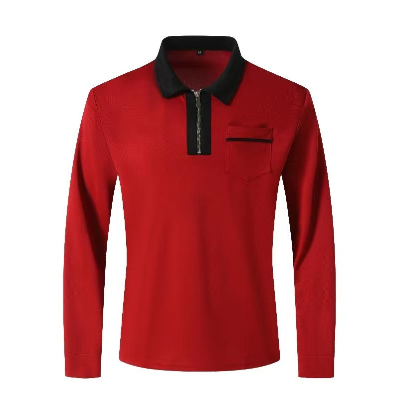 20240 automne hommes manches longues à fermeture éclair polo décontracté col à revers Zip Up Henley chemises coton sport golf tennis T-shirts avec poches
