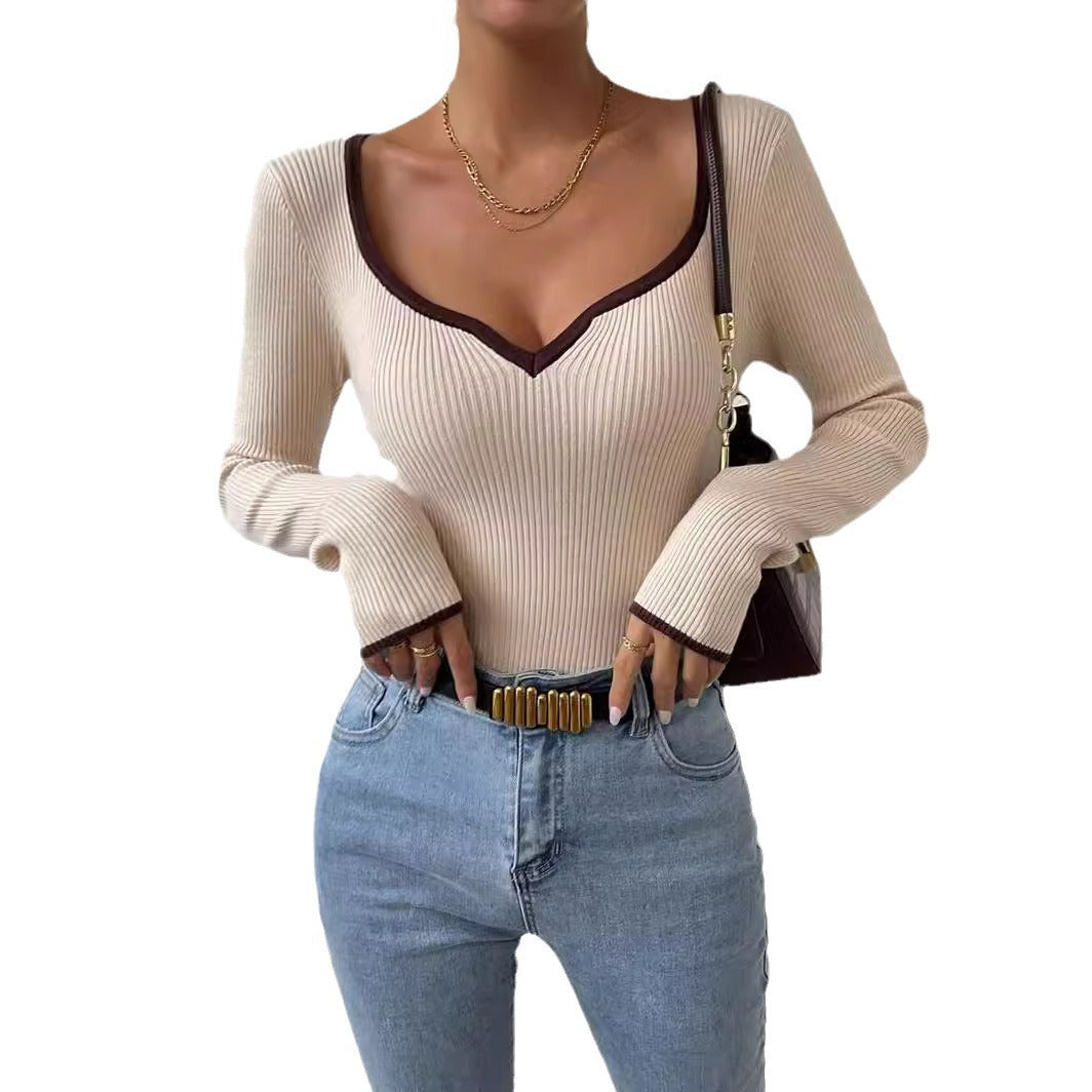 Col en V Rayé Contraste Couleur Lâche Plus Taille Femmes