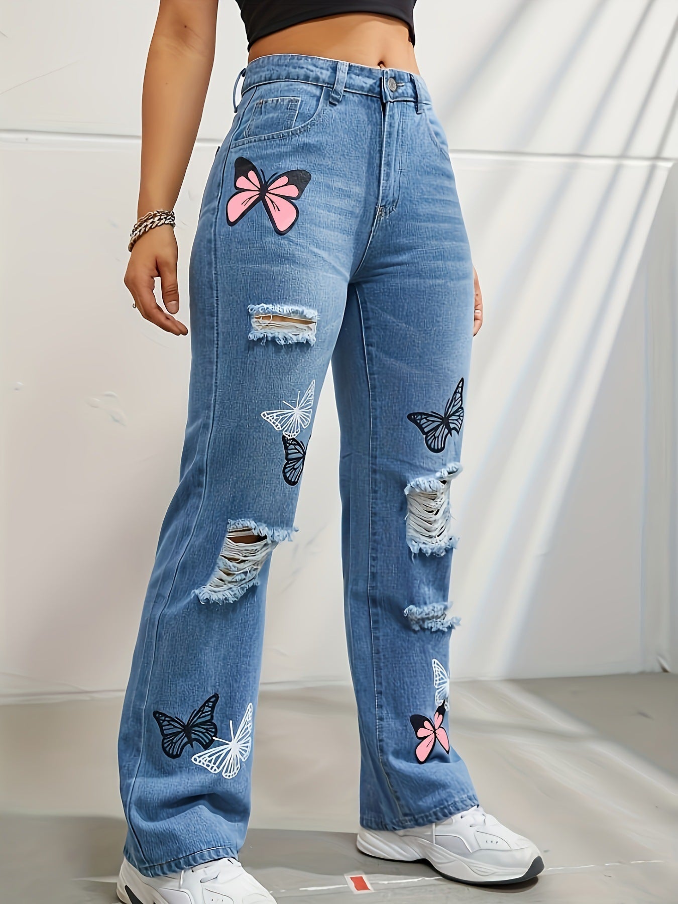 Jeans à jambes droites taille haute pour femmes, pantalons en denim déchirés avec imprimé papillon | tendance