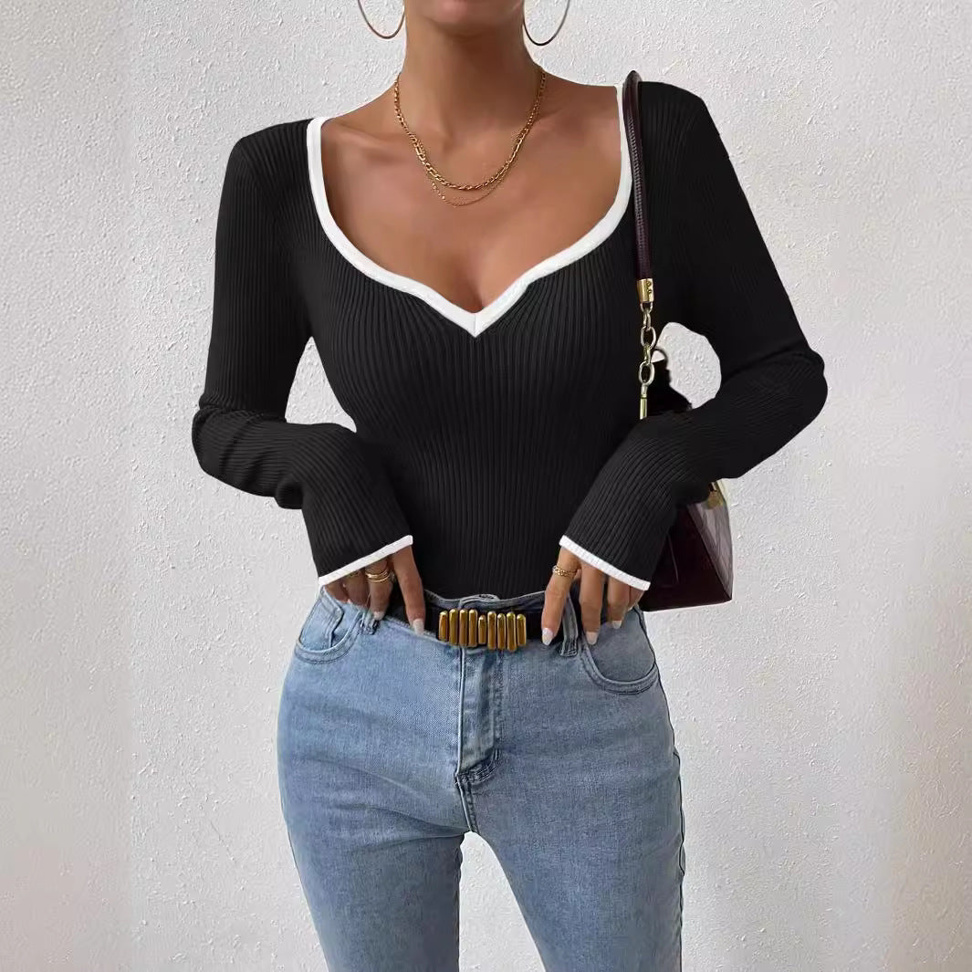 Col en V Rayé Contraste Couleur Lâche Plus Taille Femmes