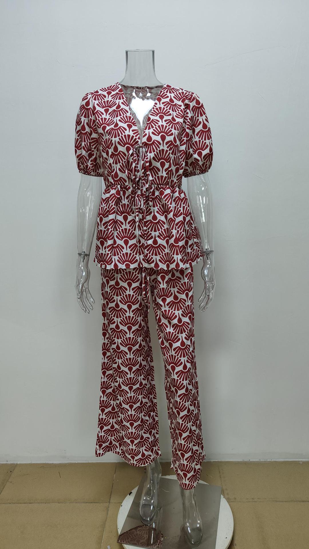 Summer Printed Pleated Women's Pants Suit Hollow Out Suit
