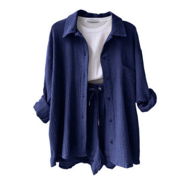 Chemise à manches longues à revers en tissu froissé pour femmes, ensemble décontracté à la mode