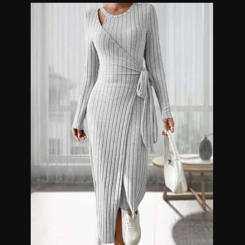 Robe à col rond à manches longues étroite à col rond pour femmes