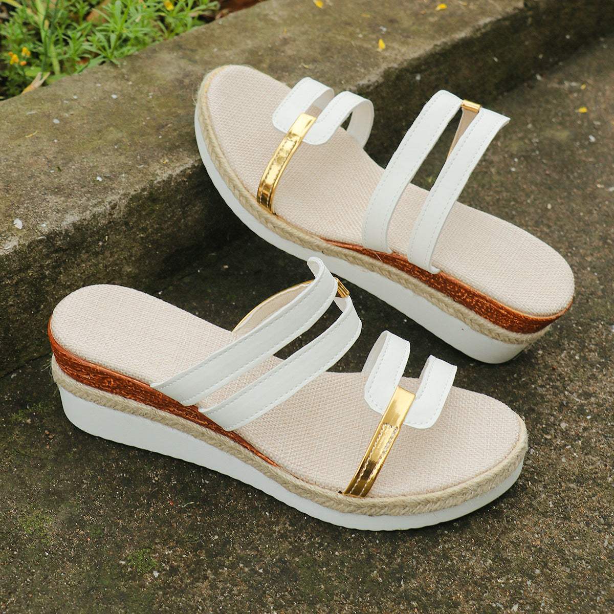Pantoufles d'été à talons en chanvre, sandales à bandoulière Colorblock pour femmes