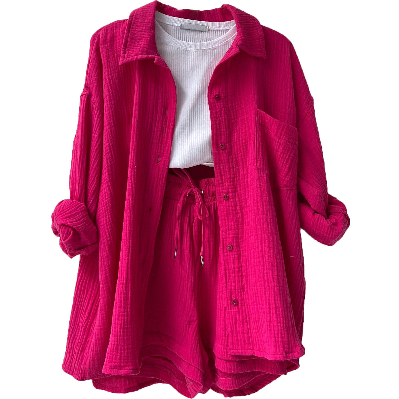 Chemise à manches longues à revers en tissu froissé pour femmes, ensemble décontracté à la mode