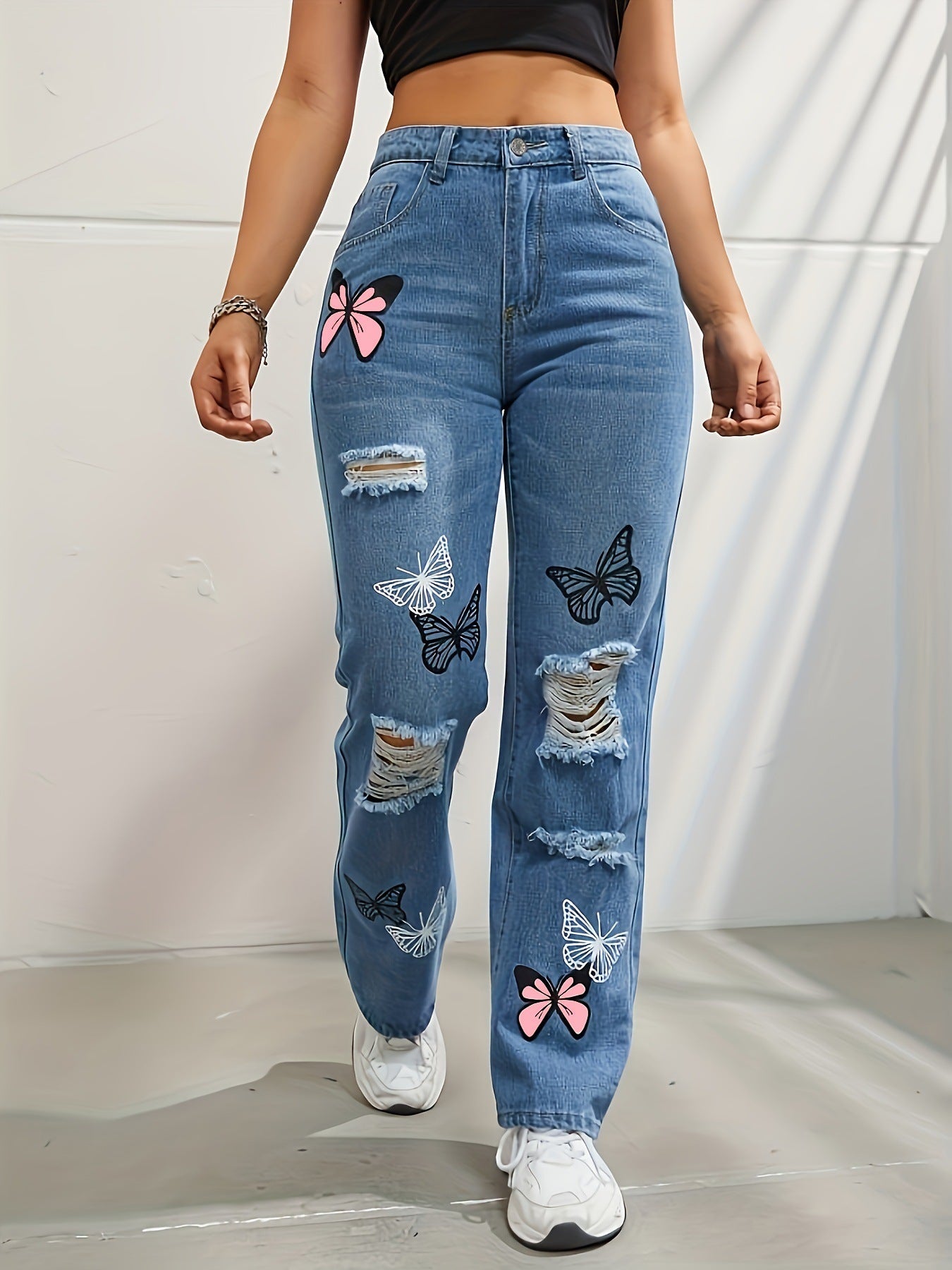 Jeans à jambes droites taille haute pour femmes, pantalons en denim déchirés avec imprimé papillon | tendance