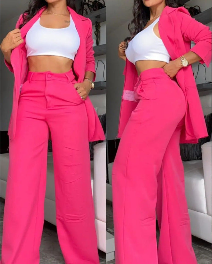 Costume à revers à manches fendues de couleur pure, pantalon à jambes droites pour femmes