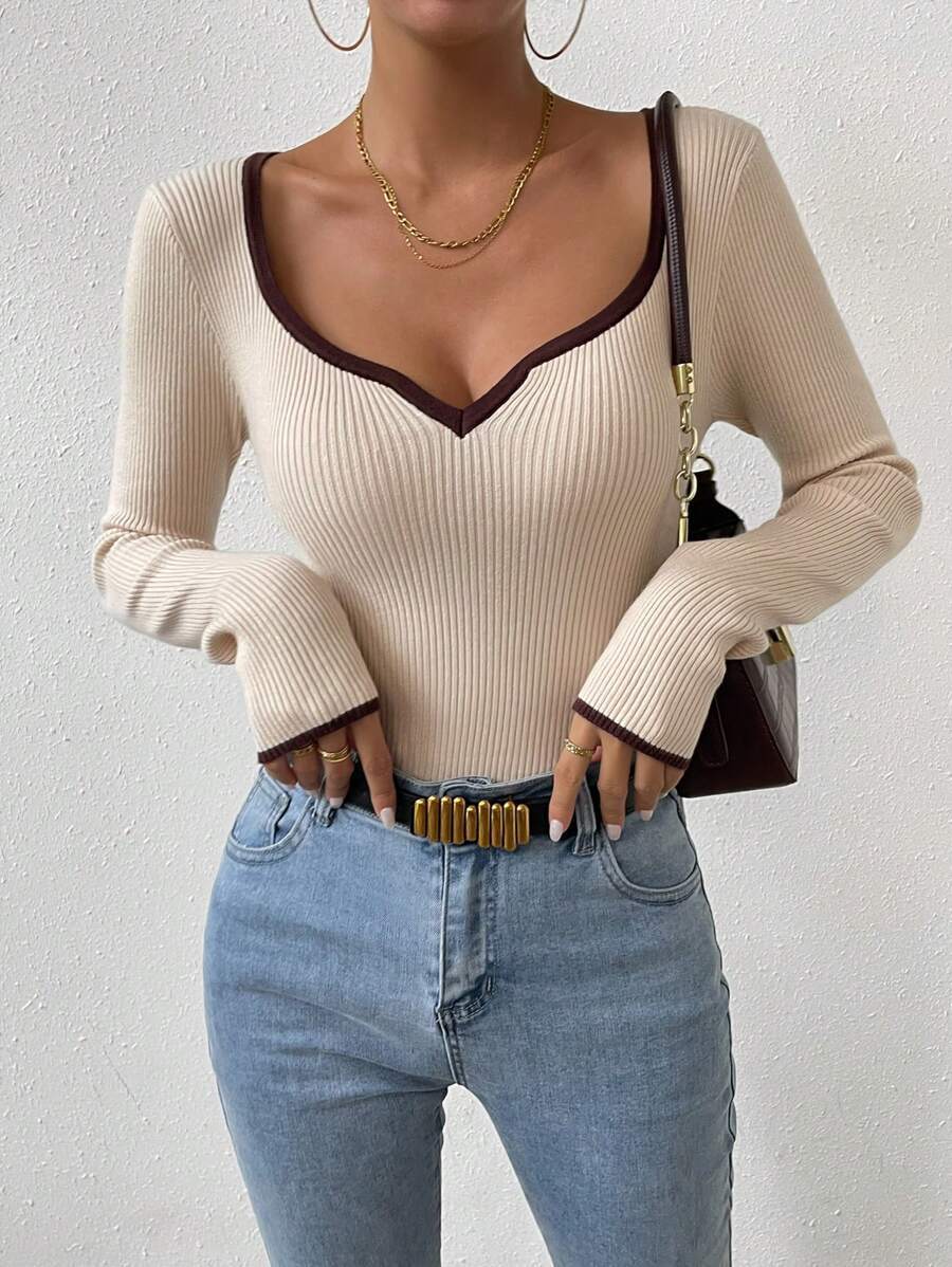 Col en V Rayé Contraste Couleur Lâche Plus Taille Femmes