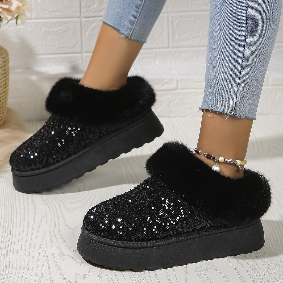 Chaussures en peluche à semelles épaisses à paillettes, chaussures d'hiver | chaussures chaudes | décontractées | pour l'intérieur et l'extérieur | chaussures de jardin