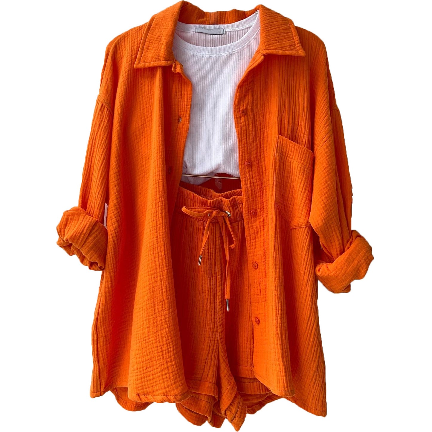 Chemise à manches longues à revers en tissu froissé pour femmes, ensemble décontracté à la mode