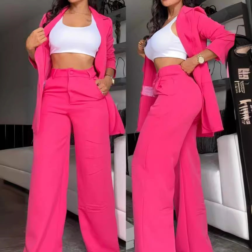 Costume à revers à manches fendues de couleur pure, pantalon à jambes droites pour femmes