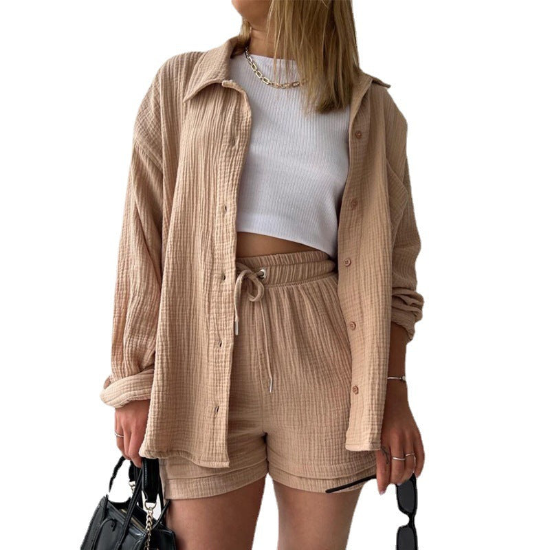 Chemise à manches longues à revers en tissu froissé pour femmes, ensemble décontracté à la mode