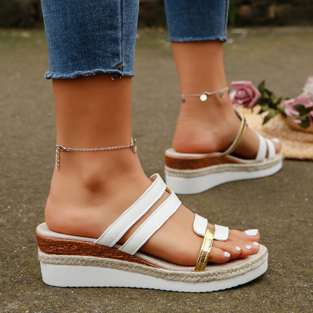 Pantoufles d'été à talons en chanvre, sandales à bandoulière Colorblock pour femmes