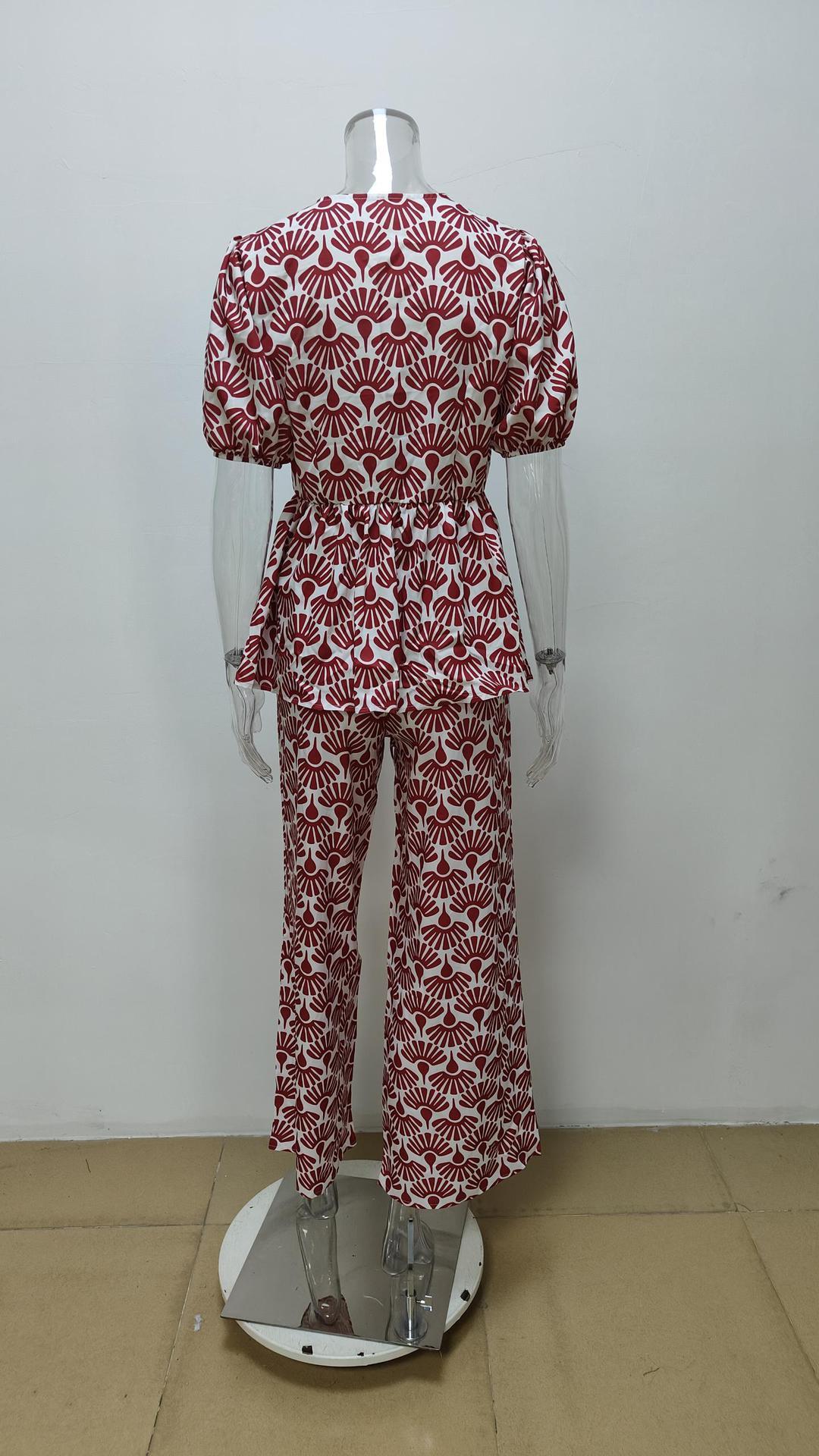 Summer Printed Pleated Women's Pants Suit Hollow Out Suit
