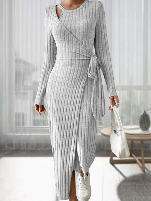 Robe à col rond à manches longues étroite à col rond pour femmes
