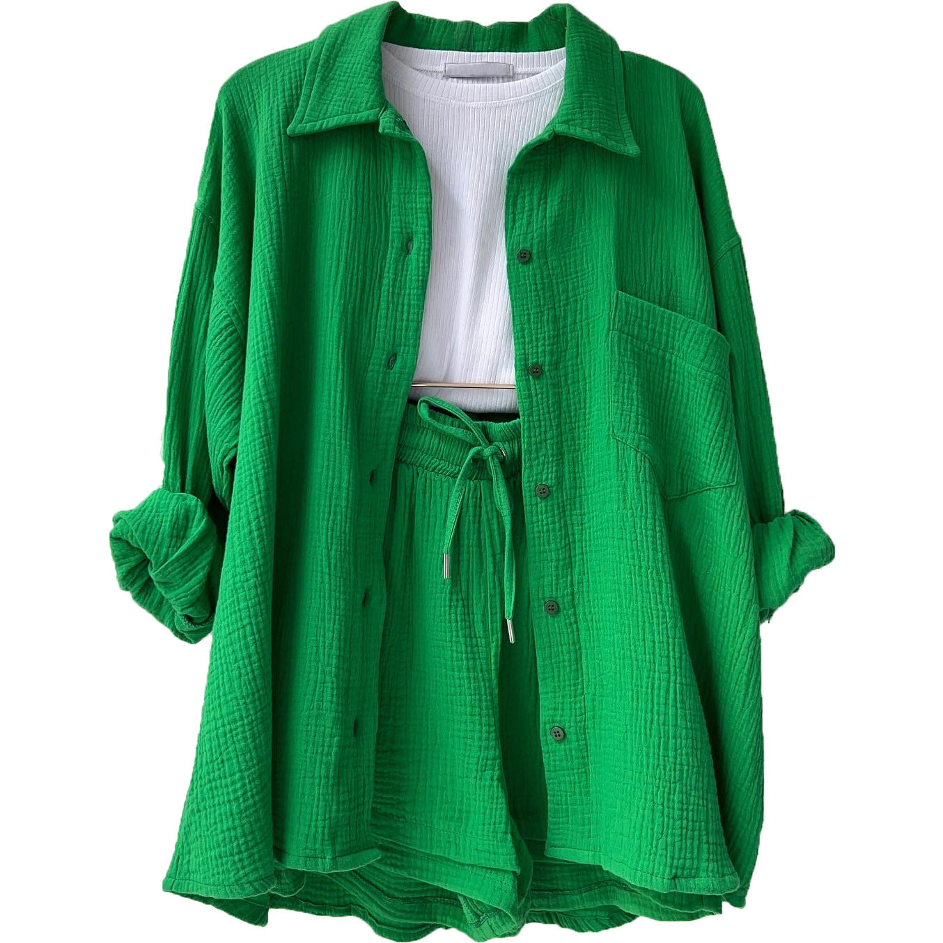 Chemise à manches longues à revers en tissu froissé pour femmes, ensemble décontracté à la mode
