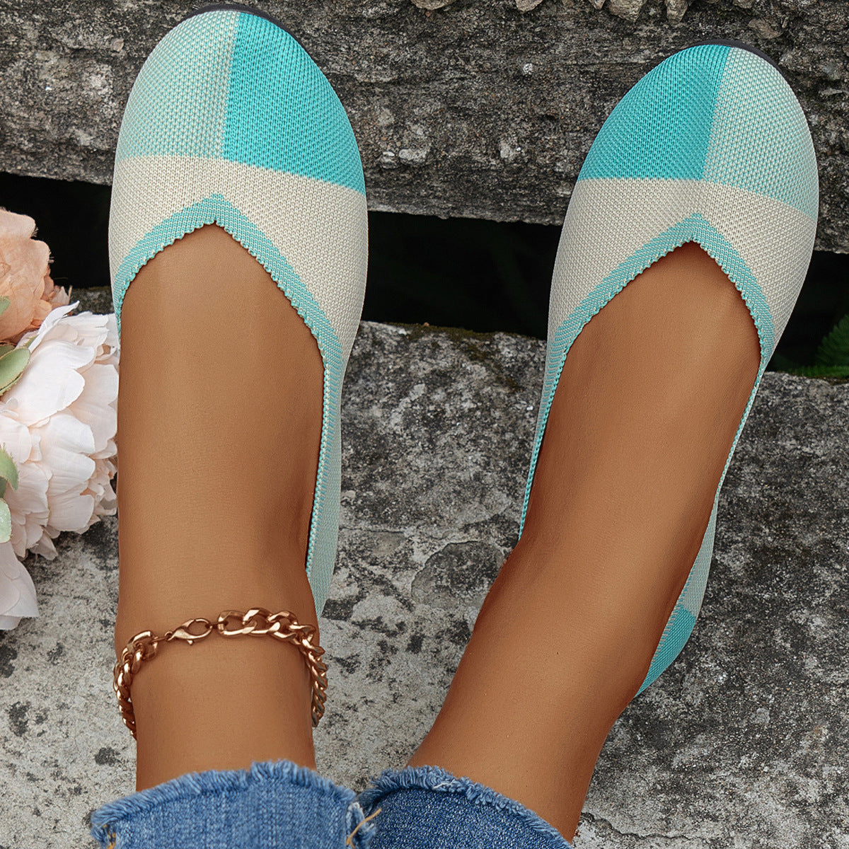 Mode Colorblock chaussures plates volant tissé respirant confortable mocassins pour femmes