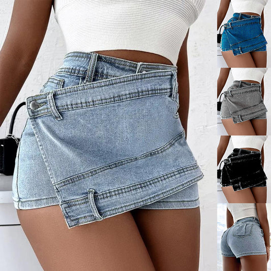 Y2K-Shorts en denim vintage, taille extensible et à chevauchement de la taille | ourlet asymétrique solide | mini-jupe skinny | ligne A