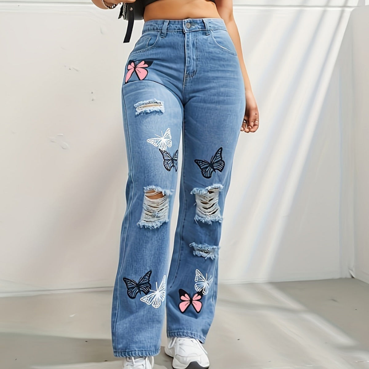 Jeans à jambes droites taille haute pour femmes, pantalons en denim déchirés avec imprimé papillon | tendance