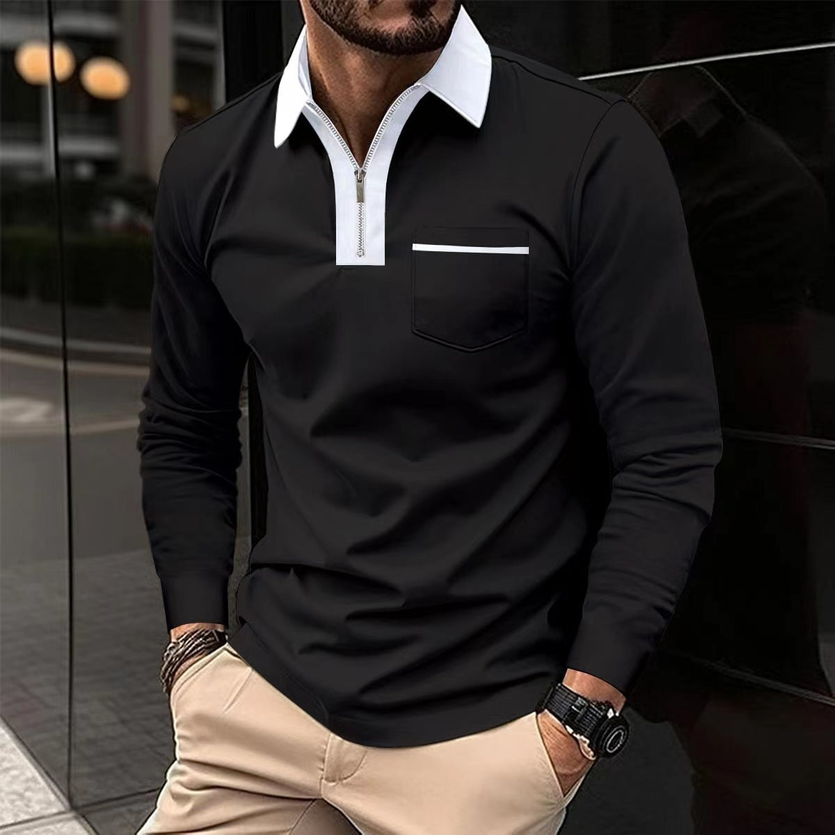 20240 automne hommes manches longues à fermeture éclair polo décontracté col à revers Zip Up Henley chemises coton sport golf tennis T-shirts avec poches