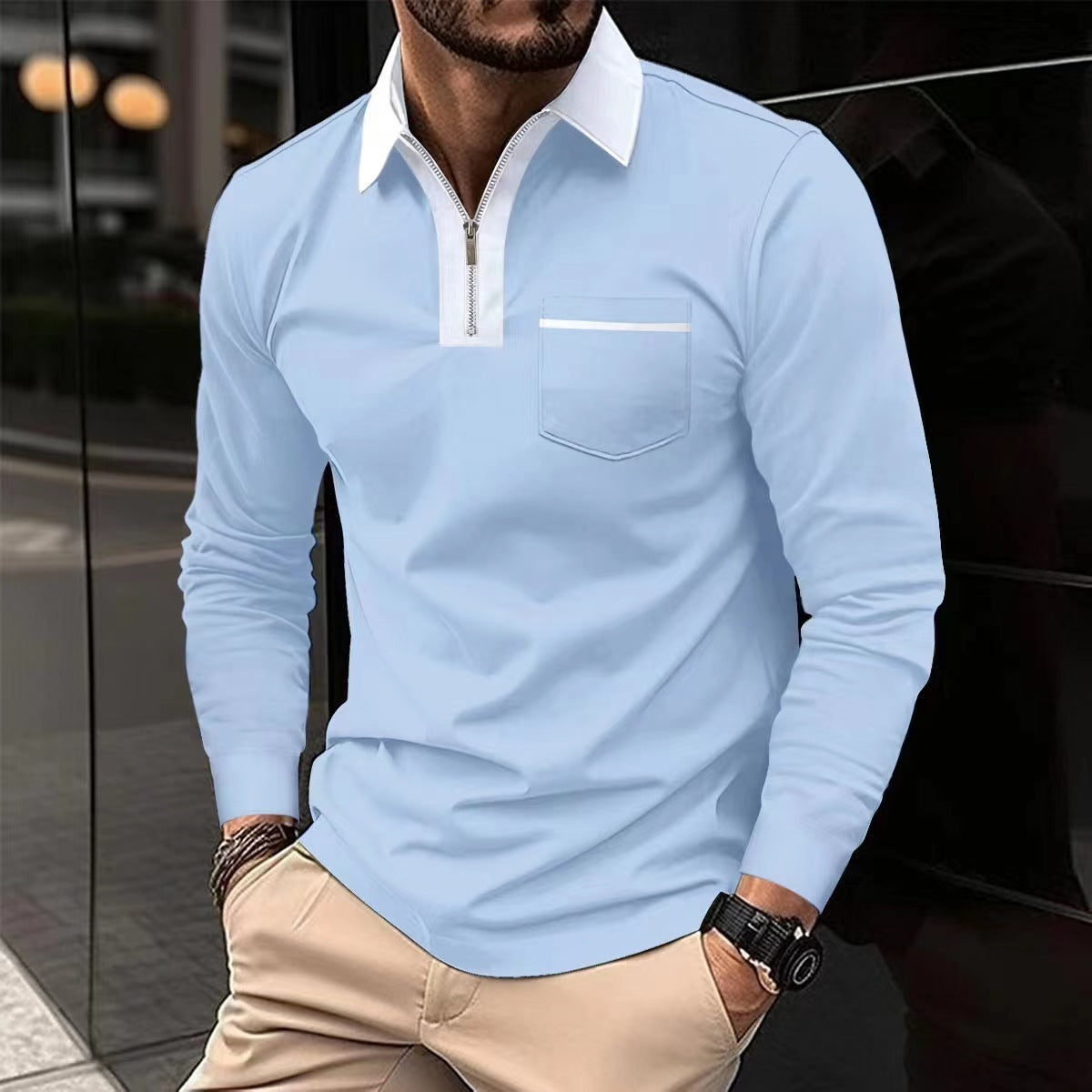 20240 automne hommes manches longues à fermeture éclair polo décontracté col à revers Zip Up Henley chemises coton sport golf tennis T-shirts avec poches