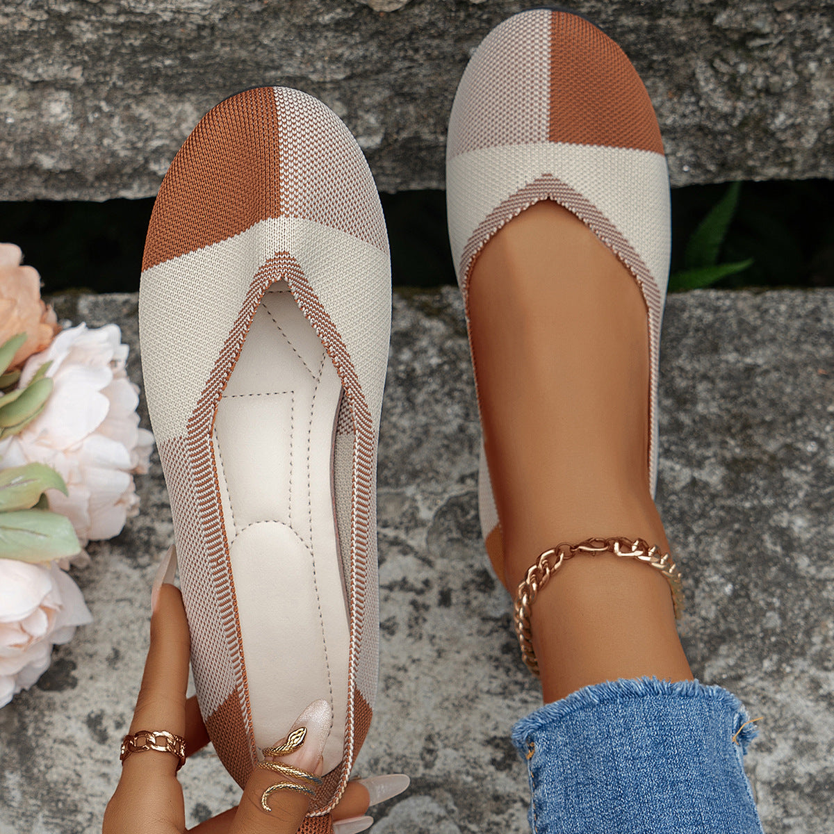 Mode Colorblock chaussures plates volant tissé respirant confortable mocassins pour femmes