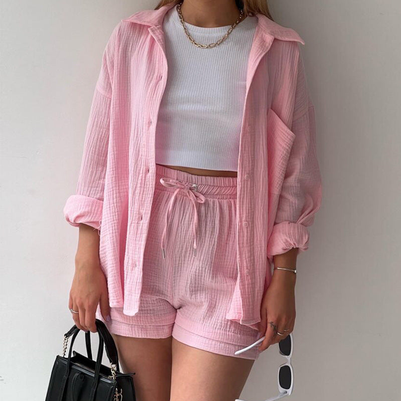 Chemise à manches longues à revers en tissu froissé pour femmes, ensemble décontracté à la mode