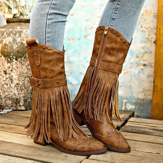Bottes à pompons rétro avec sangle à rivet,