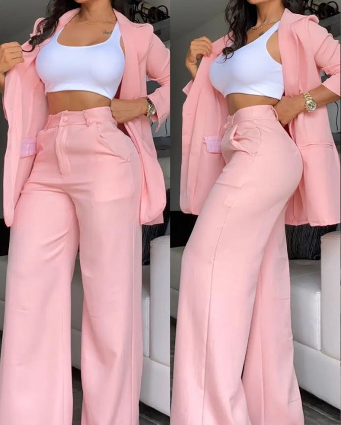 Costume à revers à manches fendues de couleur pure, pantalon à jambes droites pour femmes