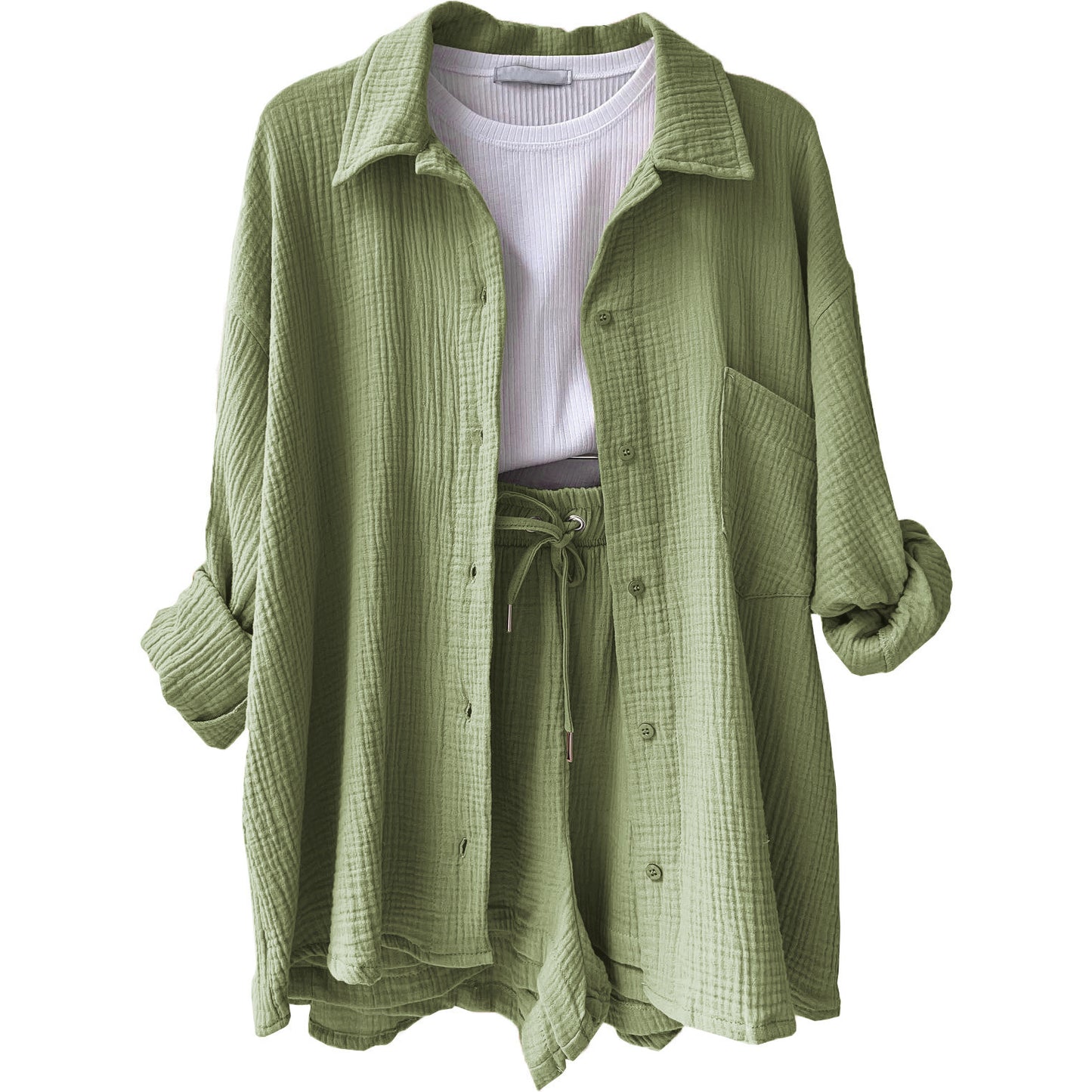 Chemise à manches longues à revers en tissu froissé pour femmes, ensemble décontracté à la mode