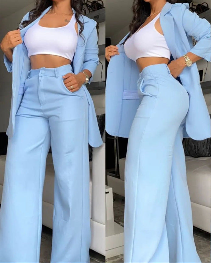 Costume à revers à manches fendues de couleur pure, pantalon à jambes droites pour femmes
