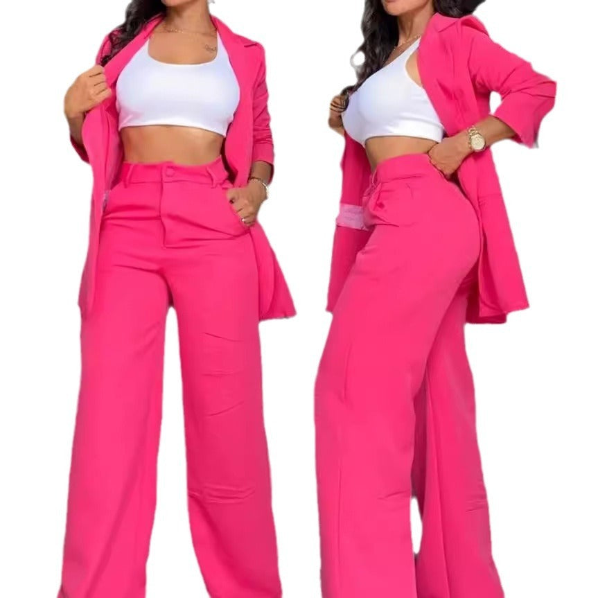 Costume à revers à manches fendues de couleur pure, pantalon à jambes droites pour femmes