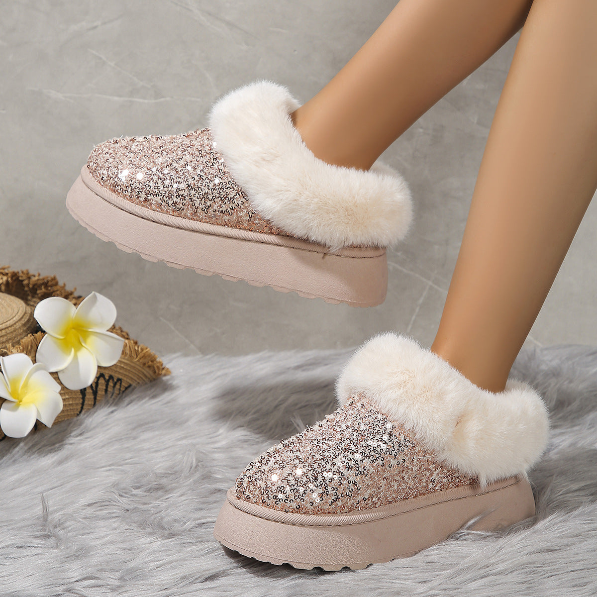 Chaussures en peluche à semelles épaisses à paillettes, chaussures d'hiver | chaussures chaudes | décontractées | pour l'intérieur et l'extérieur | chaussures de jardin