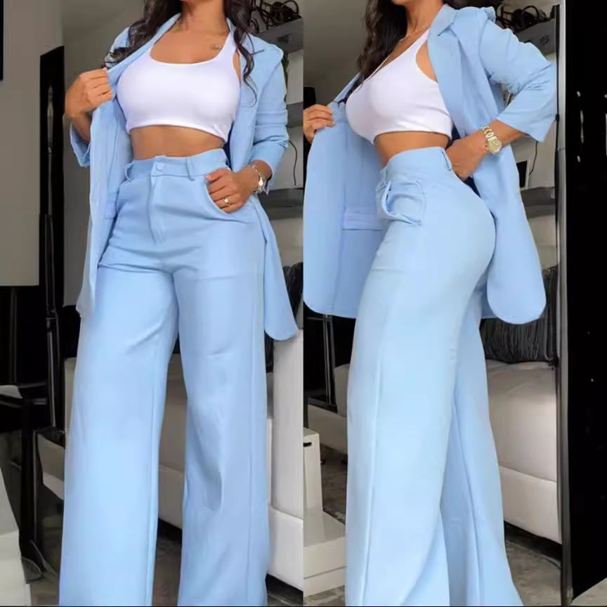 Costume à revers à manches fendues de couleur pure, pantalon à jambes droites pour femmes