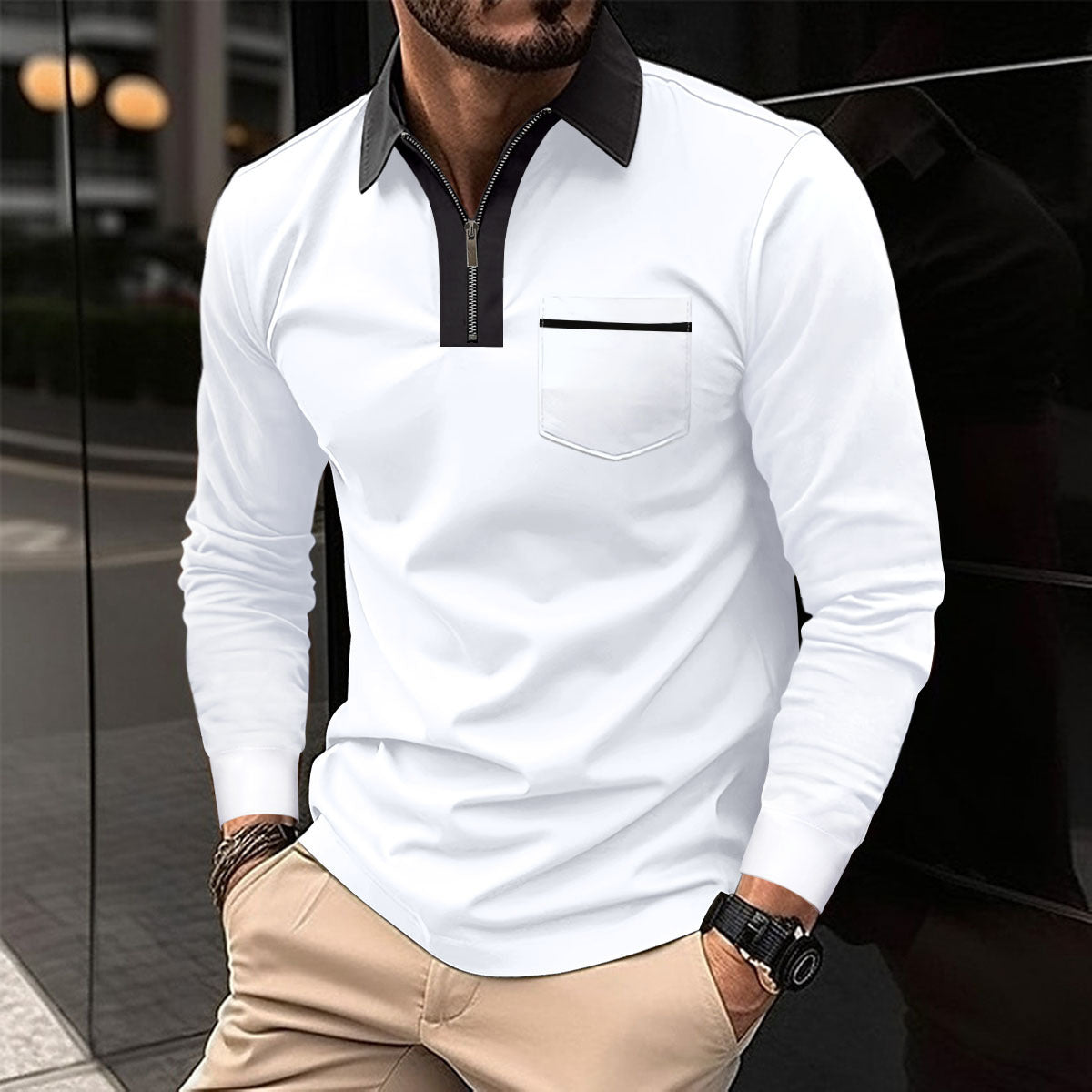 20240 automne hommes manches longues à fermeture éclair polo décontracté col à revers Zip Up Henley chemises coton sport golf tennis T-shirts avec poches