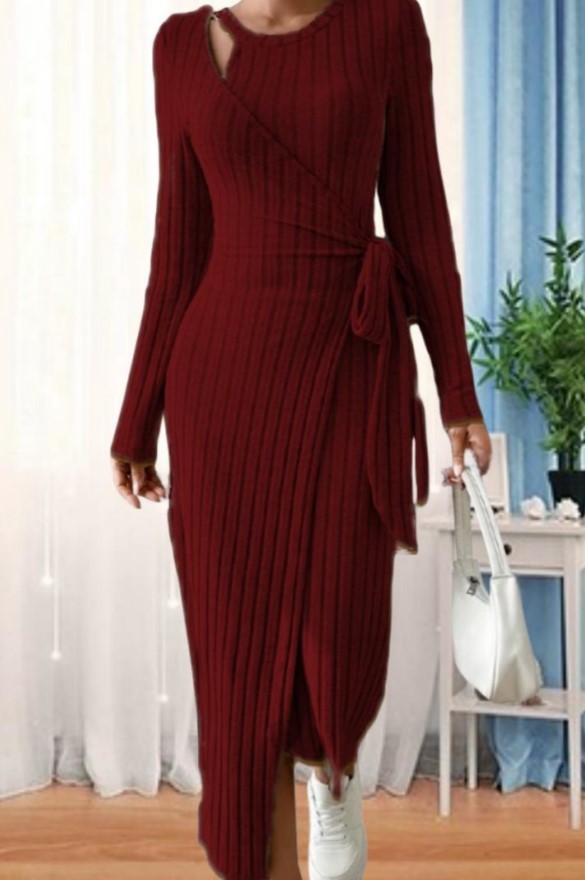 Robe à col rond à manches longues étroite à col rond pour femmes