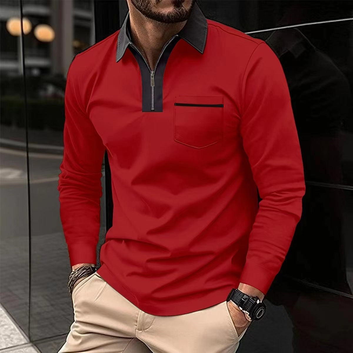 20240 automne hommes manches longues à fermeture éclair polo décontracté col à revers Zip Up Henley chemises coton sport golf tennis T-shirts avec poches