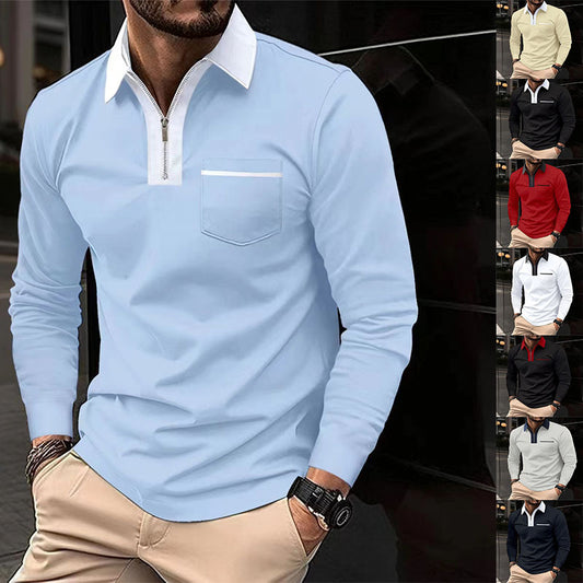 20240 automne hommes manches longues à fermeture éclair polo décontracté col à revers Zip Up Henley chemises coton sport golf tennis T-shirts avec poches